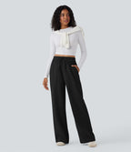 Pantalon décontracté jambe large taille haute avec cordon de serrage et poches