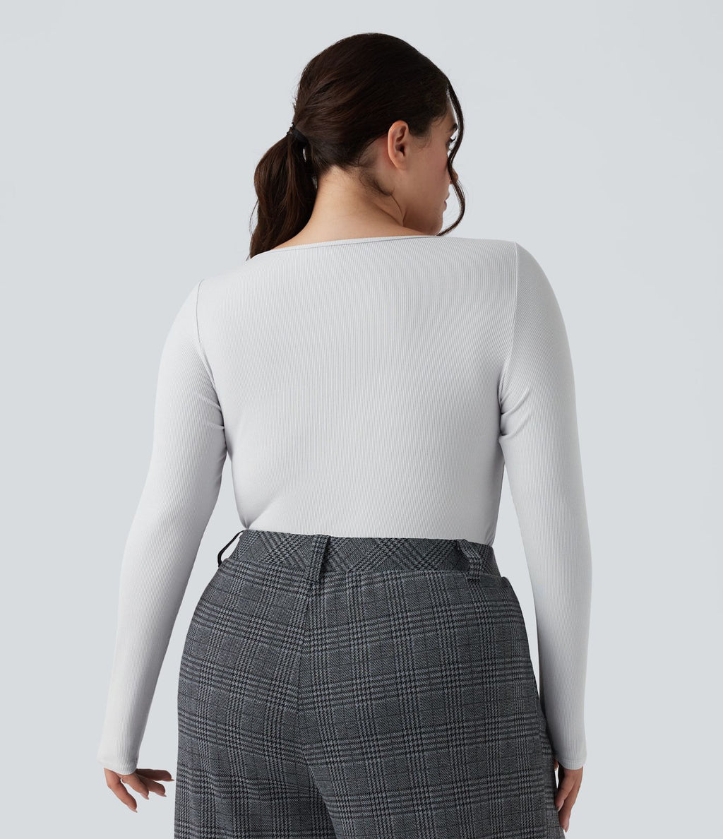 Body grande taille maille côtelée col carré manches longues ajusté