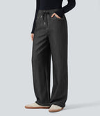 Pantalon décontracté large effet lin taille haute infroissable avec cordon et poches