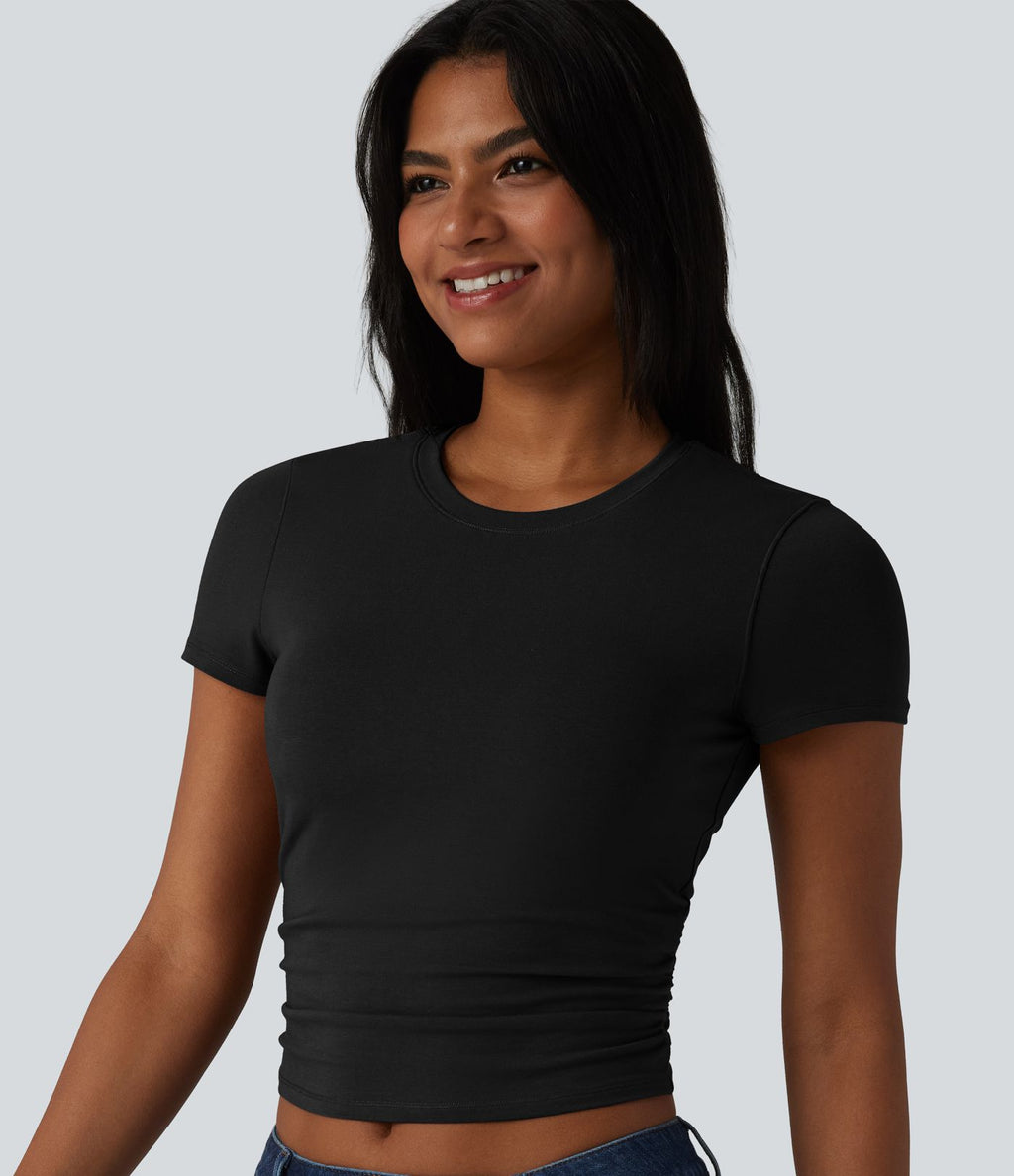 T-shirt casual Halara en jersey de coton col rond à manches courtes froncé avec brassière intégrée