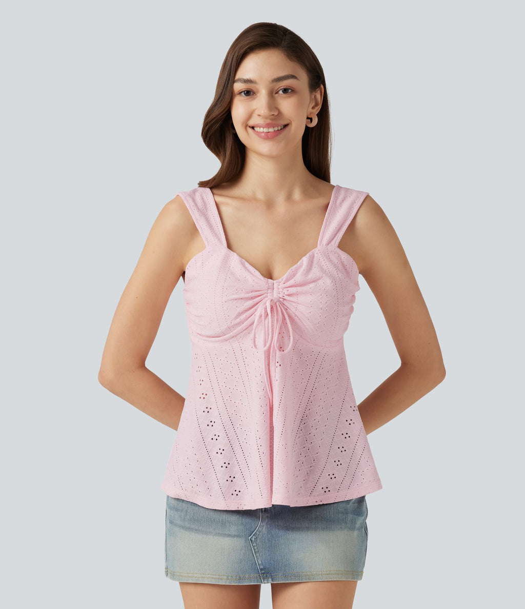 Débardeur décontracté froncé avec cordon de serrage, broderie anglaise et soutien-gorge intégré