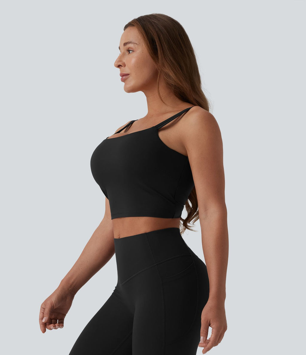 Débardeur de yoga cropped Halara UltraSculpt™ à doubles bretelles dos torsadé ouvert avec soutien-gorge intégré – Bonnets E-G