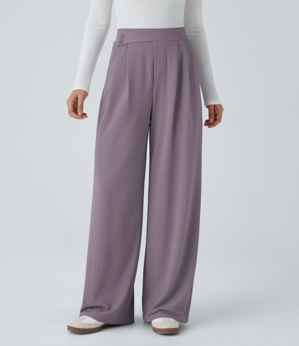 Pantalon taille haute décontracté large en maille gaufrée, avec poches