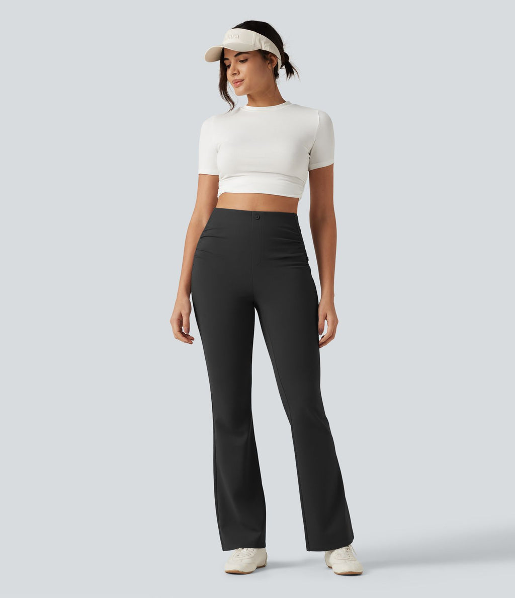 Pantalon de golf flare taille haute froncé avec poches et porte-tees