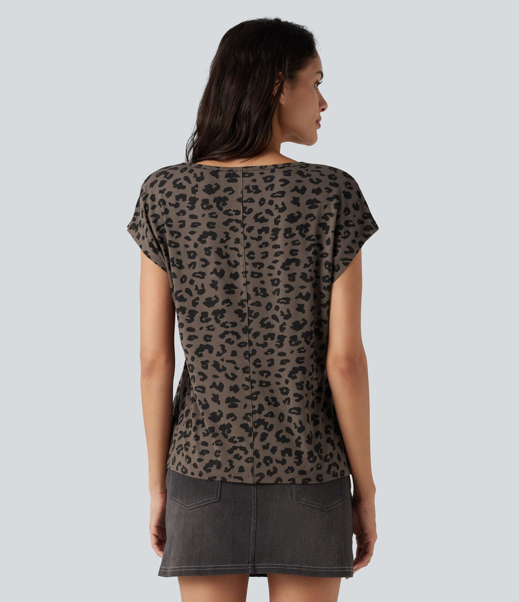 T-shirt casual col V à manches courtes et imprimé léopard