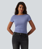 T-shirt décontracté col bateau manches courtes froncé