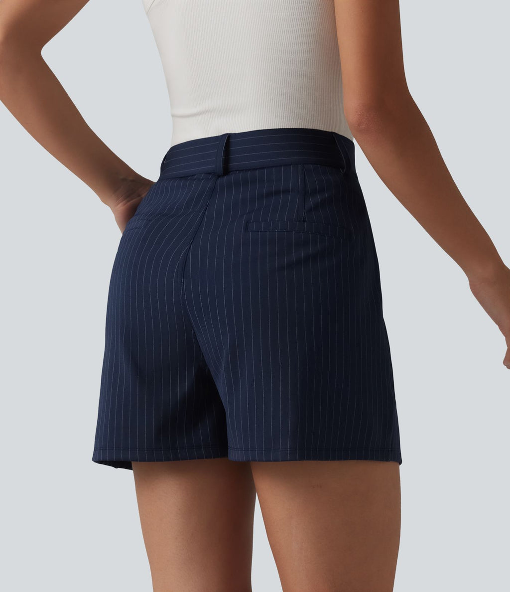 Short tailleur ample à rayures plissées taille haute avec poches