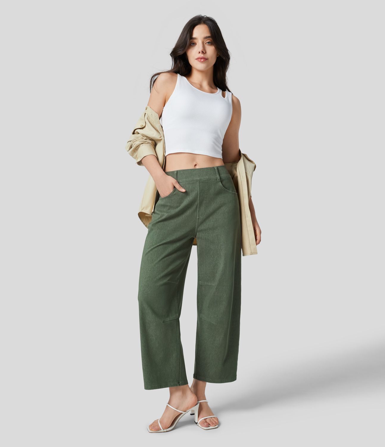 Halara Flex™ Jeans Causal Fuselés à Taille Mi-haute avec Plusieurs Poches en Tricot Extensible Coloré