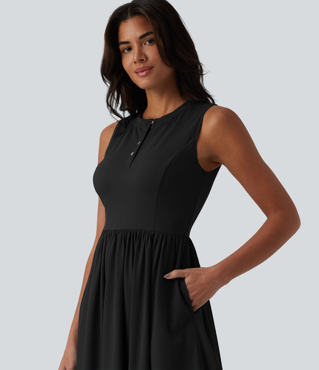 Robe midi évasée fluide décontractée Breezeful™ col Henley sans manches à séchage rapide avec poches