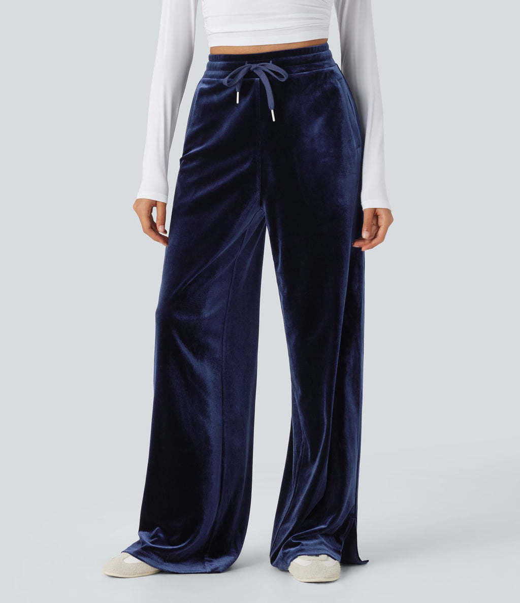 Pantalon décontracté large en velours, taille haute, avec cordon et poches