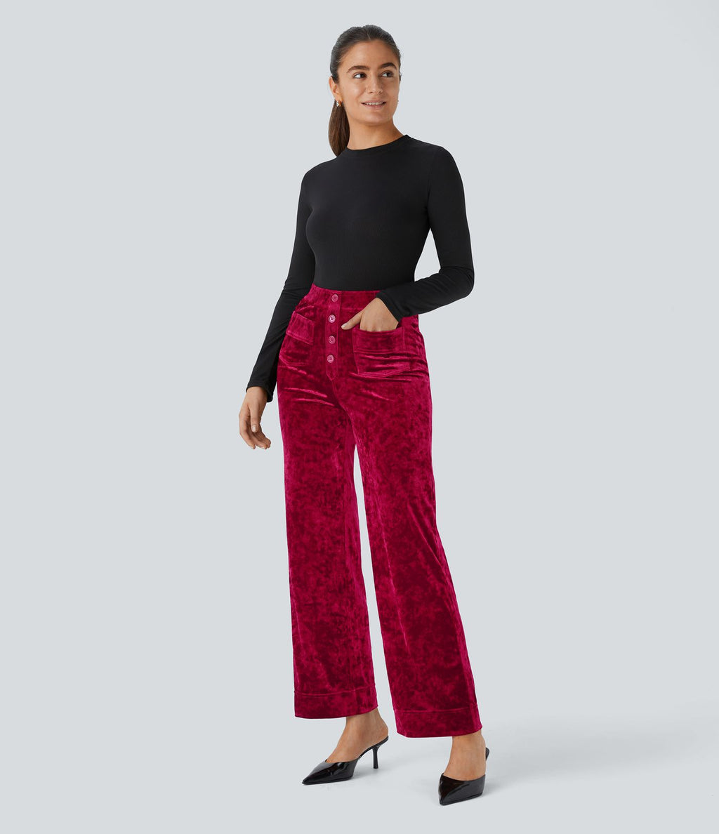 Pantalon Casual en Velours Taille Haute avec Bouton Multipoches Droites