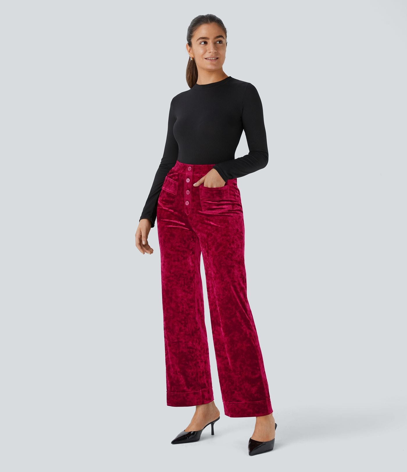 Pantalon Casual en Velours Taille Haute avec Bouton Multipoches Droites