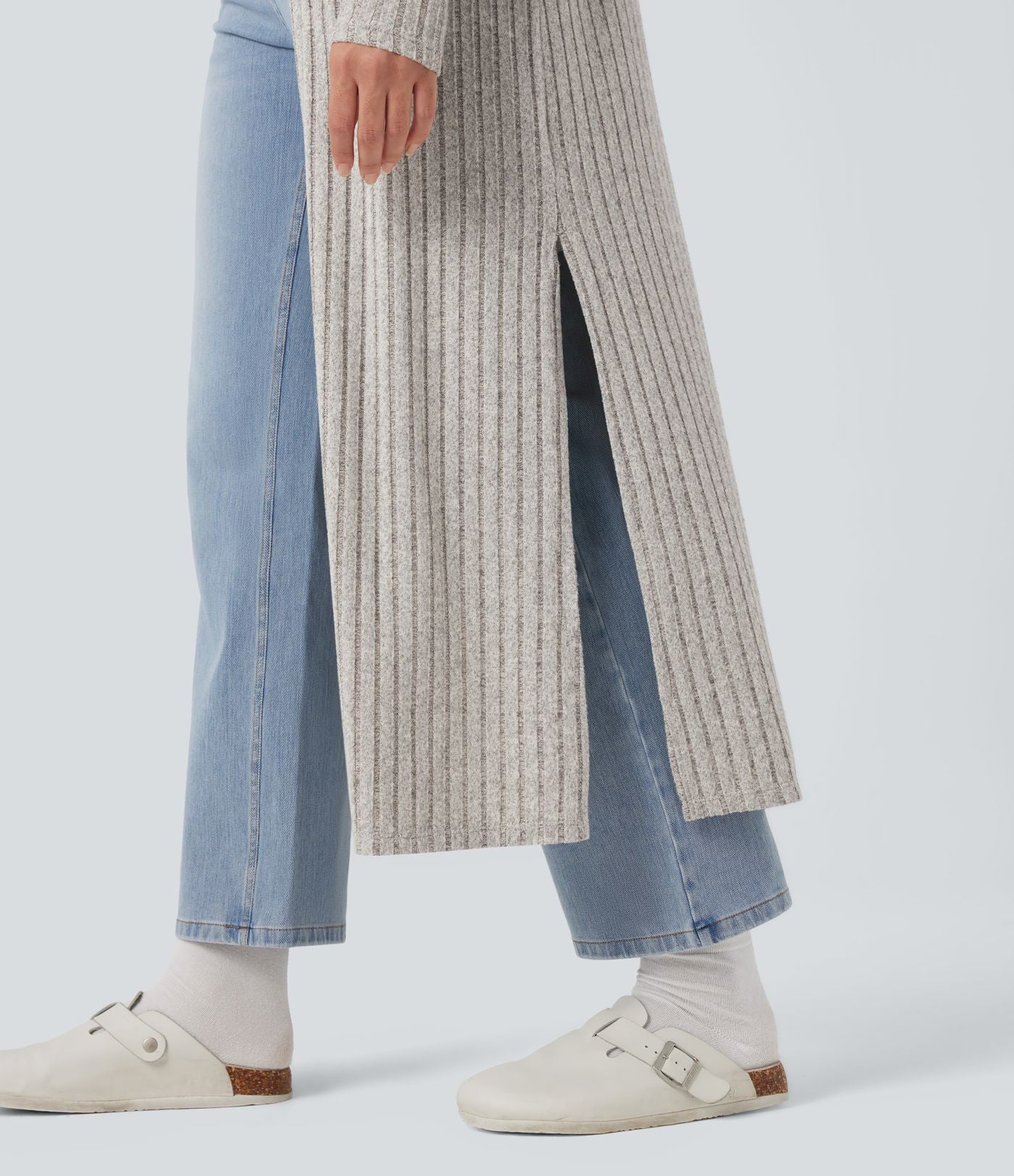 Manteau long décontracté maille côtelée manches longues avec fente