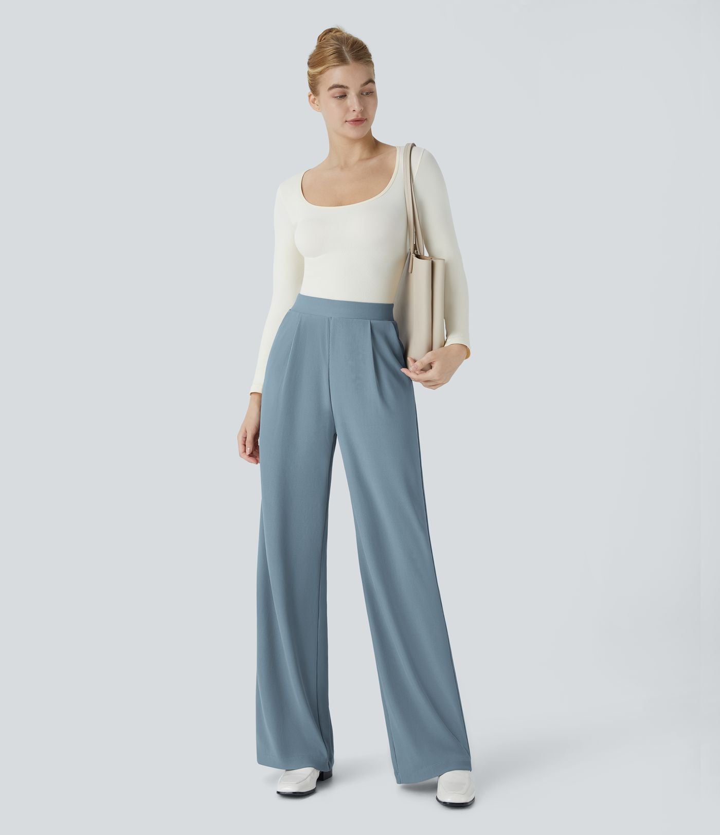 Halara Flex™ Pantalon Tailleur Évasé à Taille Haute Sculptant la Silhouette avec Poches Latérales Micro Waffle