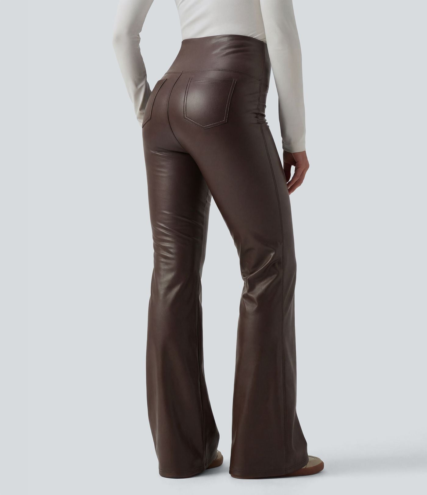 Pantalon évasé décontracté gainant taille haute extensible en molleton PU avec poches