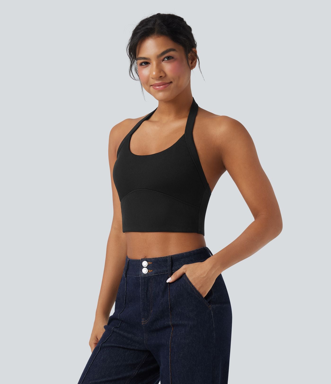 Débardeur décontracté cropped maille côtelée dos-nu boucle réglable