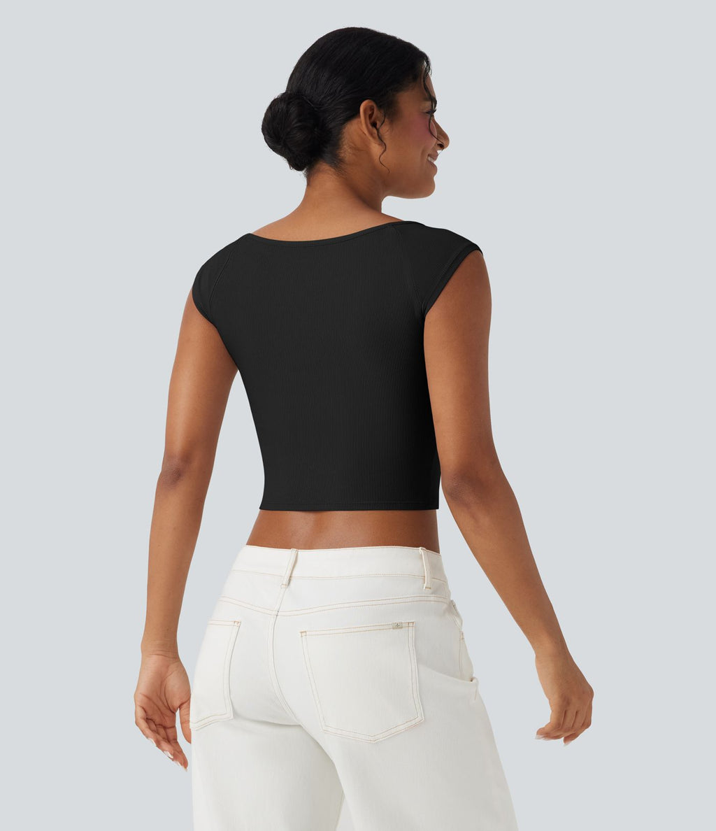 Haut casual crop tricot côtelé col bateau manches courtes