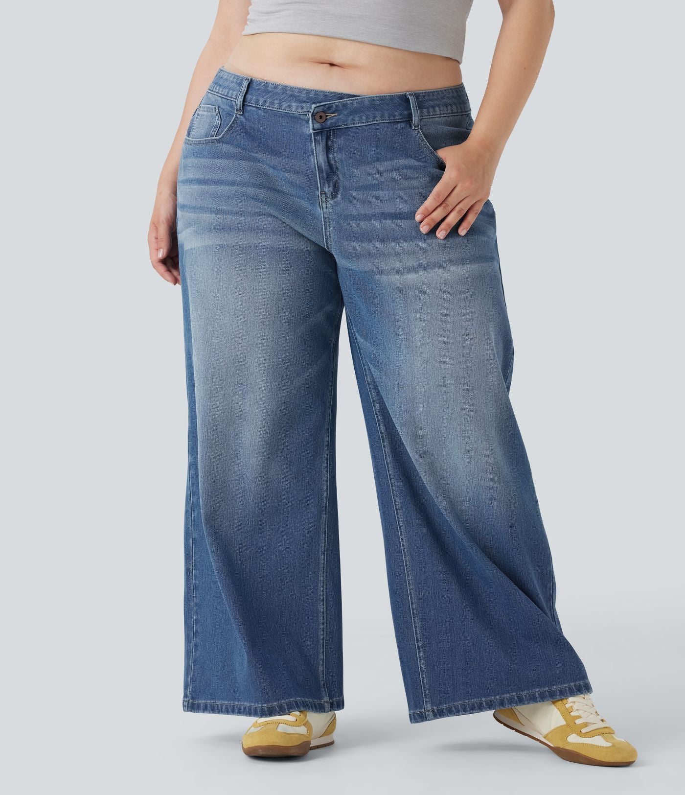 Jean décontracté grande taille Halara Flex™ asymétrique taille basse jambes larges effet délavé avec poches