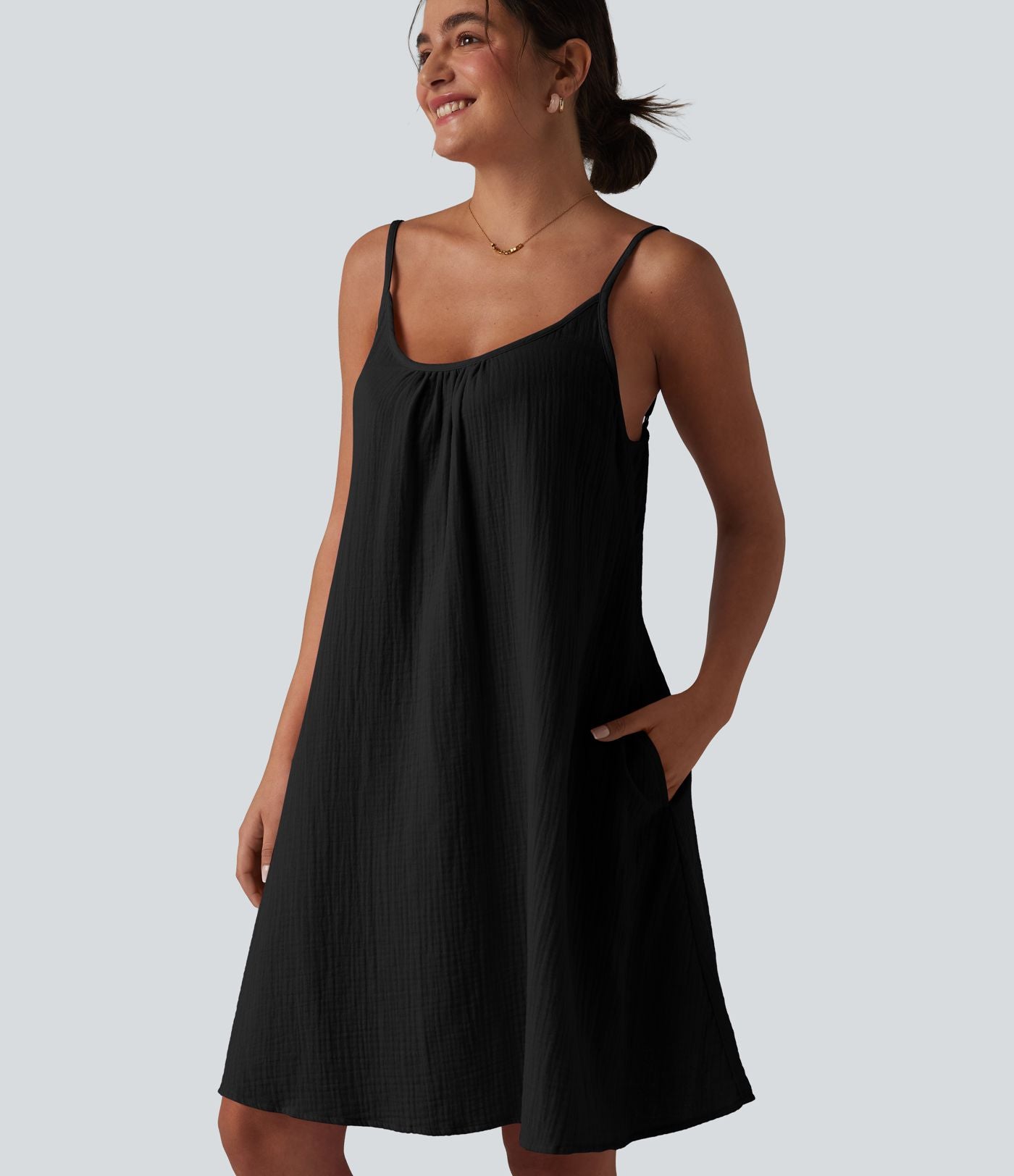 Robe nuisette mini fluide casual en coton bretelles réglables avec poches