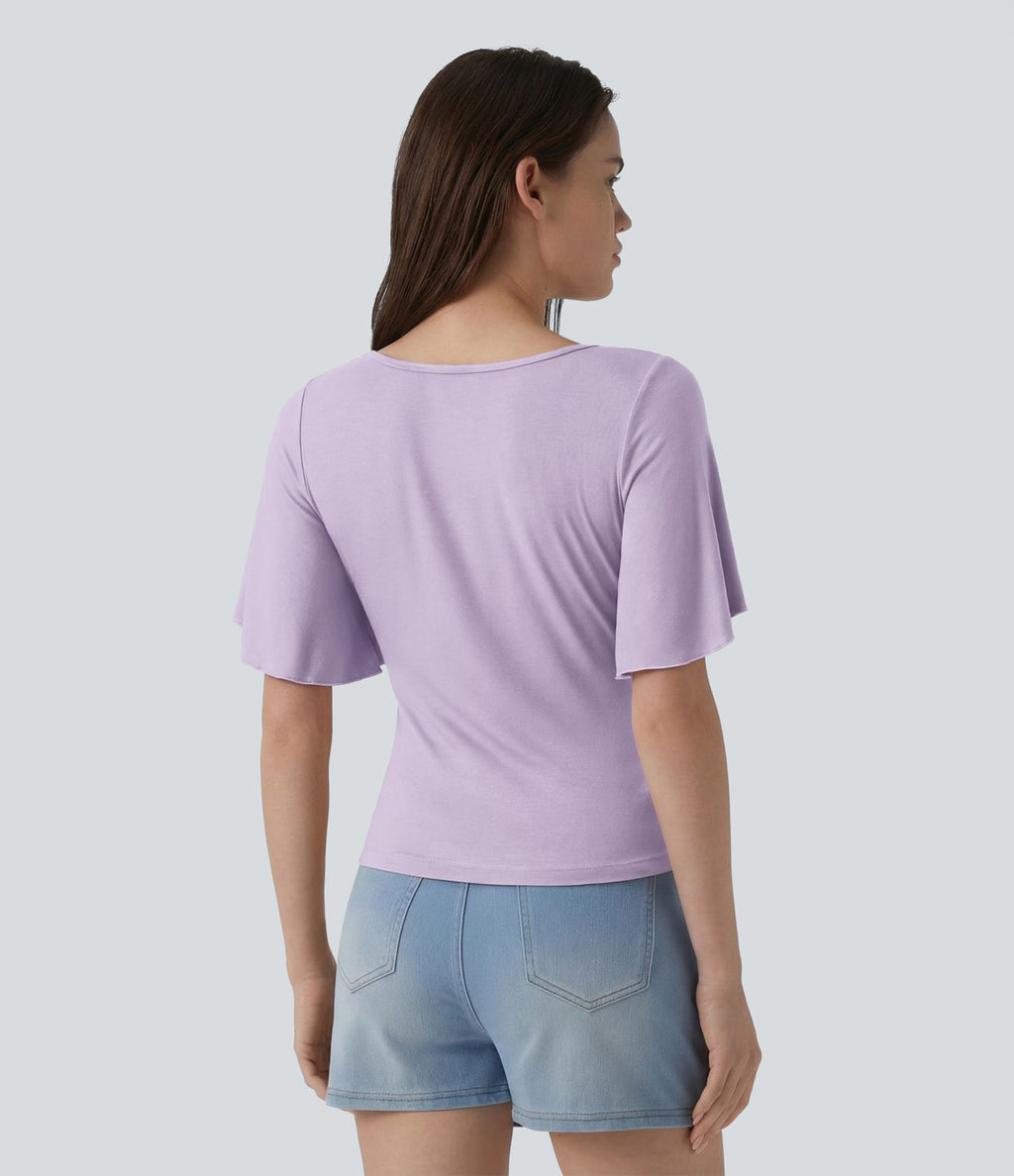 T-shirt décontracté maille côtelée col carré manches papillon froncé