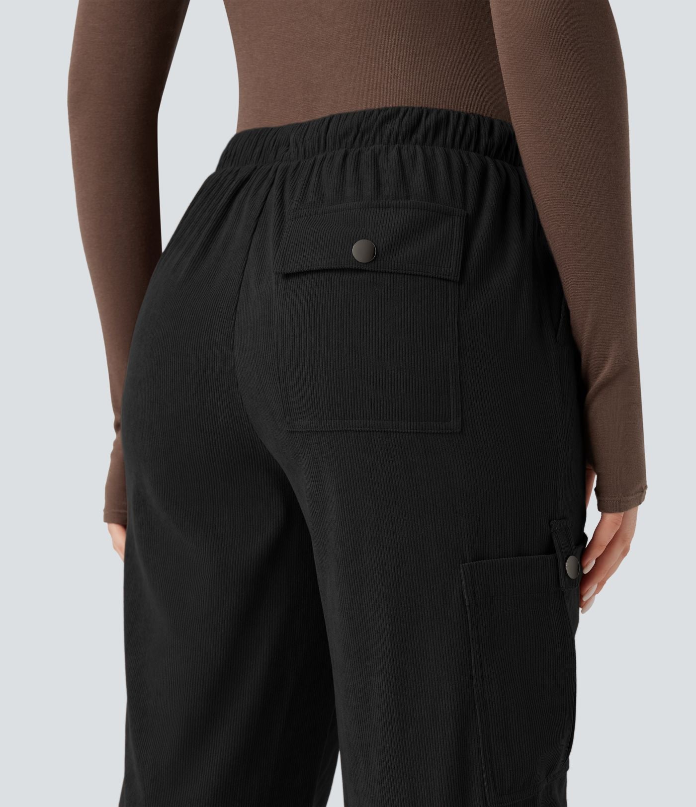 Pantalon jogging cargo velours côtelé coupe droite taille mi-haute avec cordon de serrage et poches