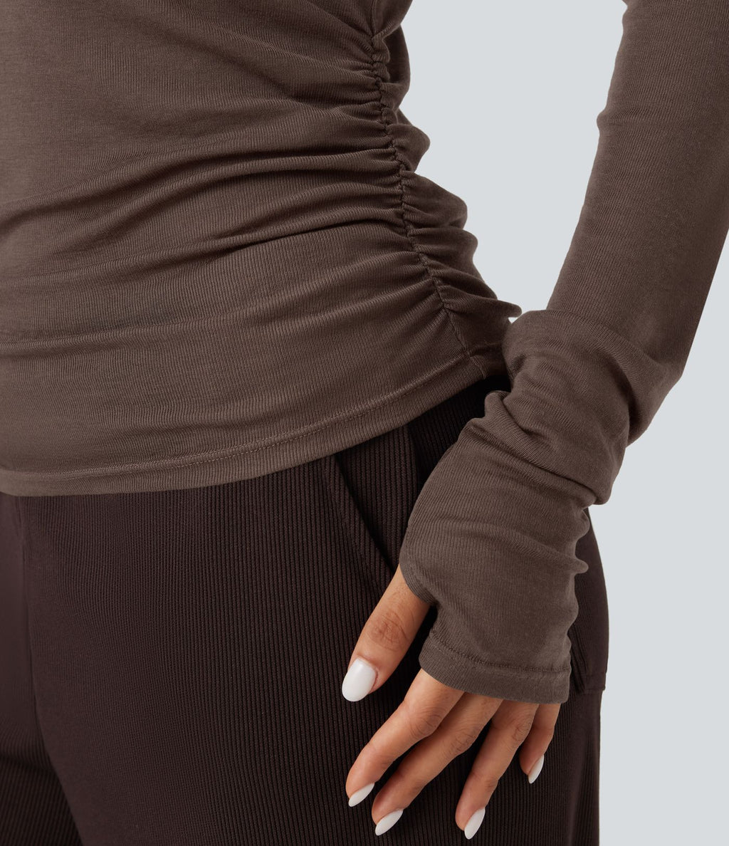 T-shirt décontracté asymétrique en mélange de laine à une épaule et manches longues