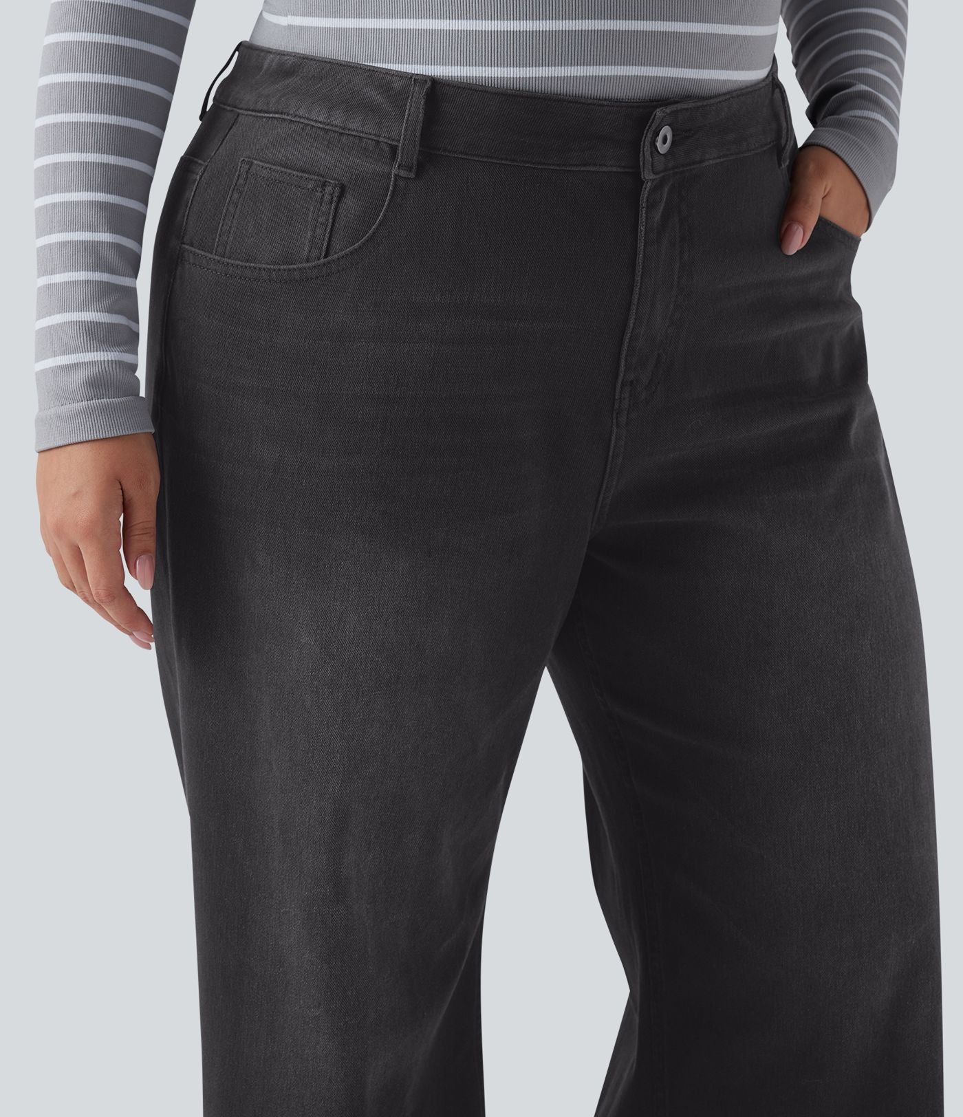 Jean casual grande taille Halara Flex™ tricot extensible délavé taille haute jambe large ourlet roulotté avec poches
