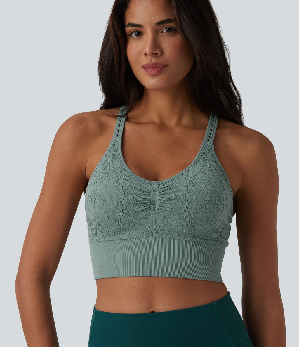 OneForm Débardeur court de yoga sans coutures jacquard dos nu croisé froncé soutien-gorge intégré