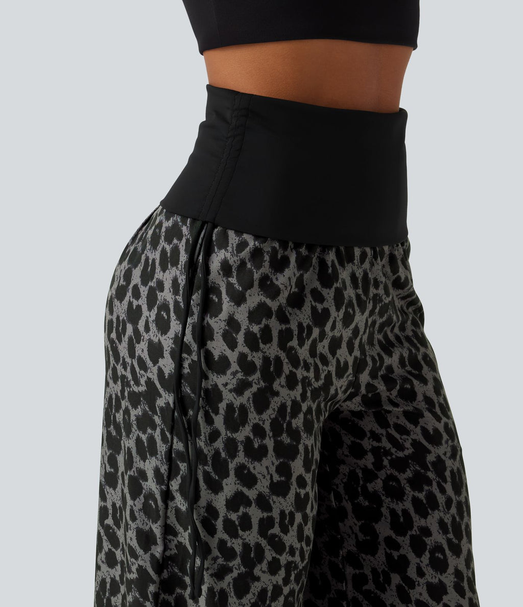 Pantalon baggy casual à imprimé léopard taille haute à revers avec fronces, cordon et poches