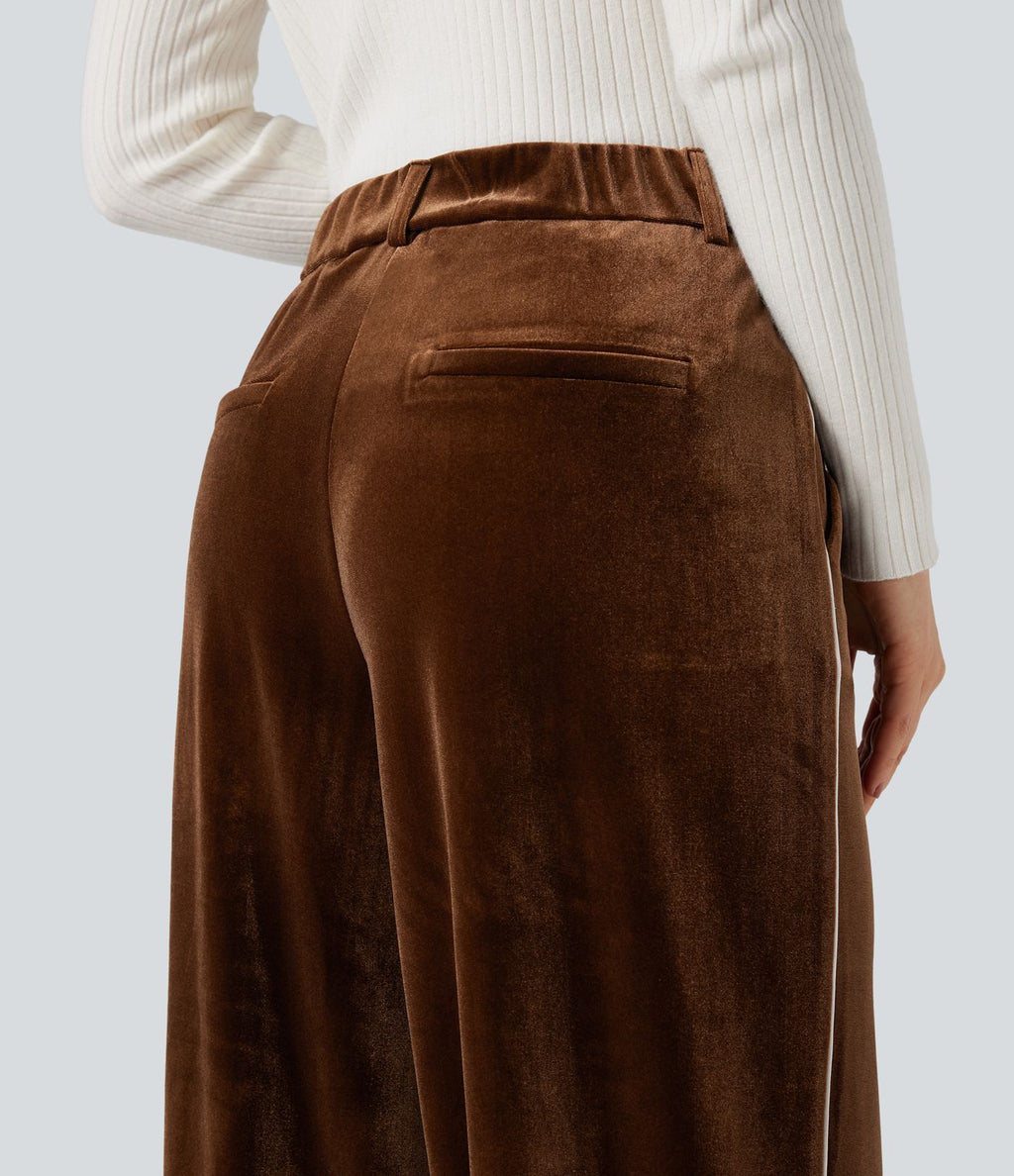 Pantalon velours color block coupe droite taille haute avec poches