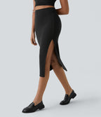 Jupe Midi Moulante Casual en Côtes Taille Haute Fendue