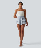 Short décontracté en satin à taille mi-haute, cordon de serrage et ourlet à volants superposés