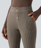 Pantalon évasé côtelé taille mi-haute boutonnage ourlet fendu avec poches