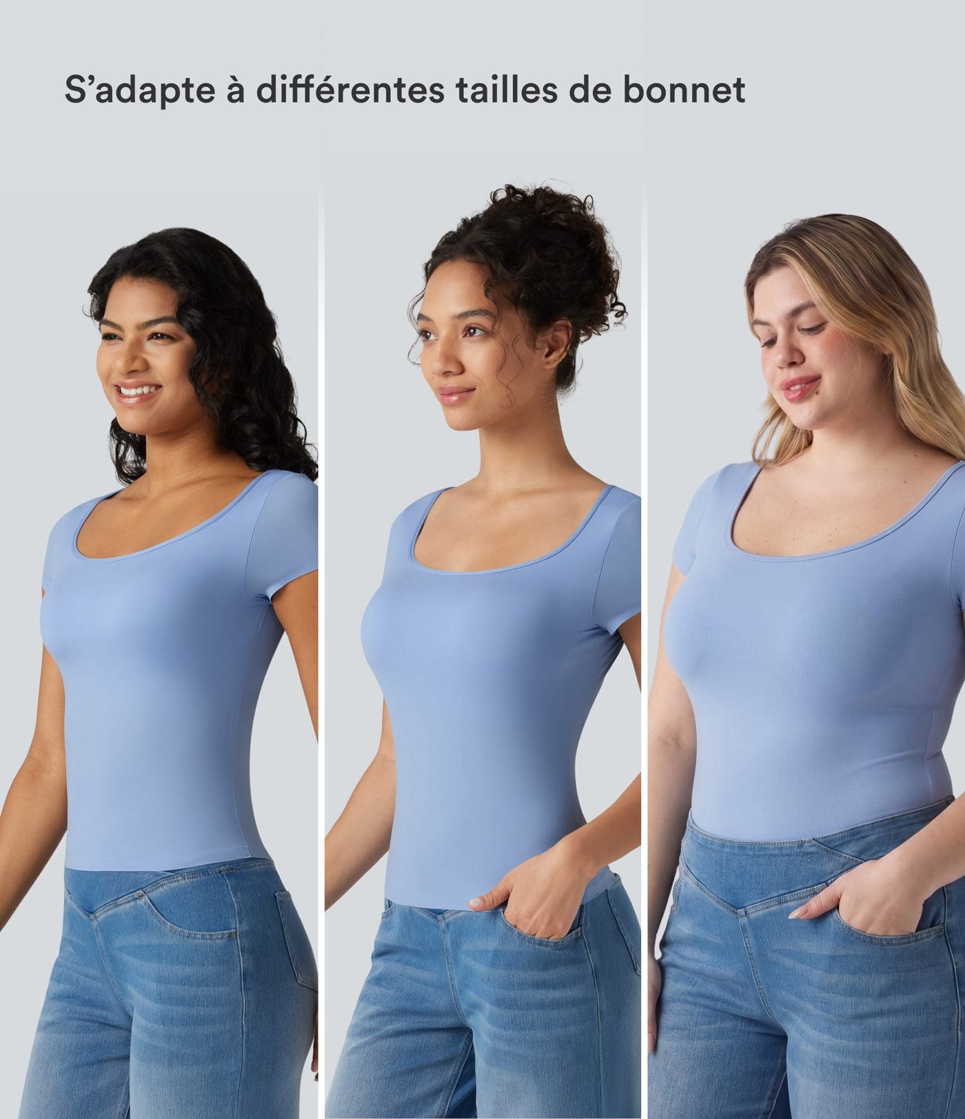T-shirt décontracté à manches courtes, col carré, soutien-gorge intégré et grande élasticité, bonnets B à DD