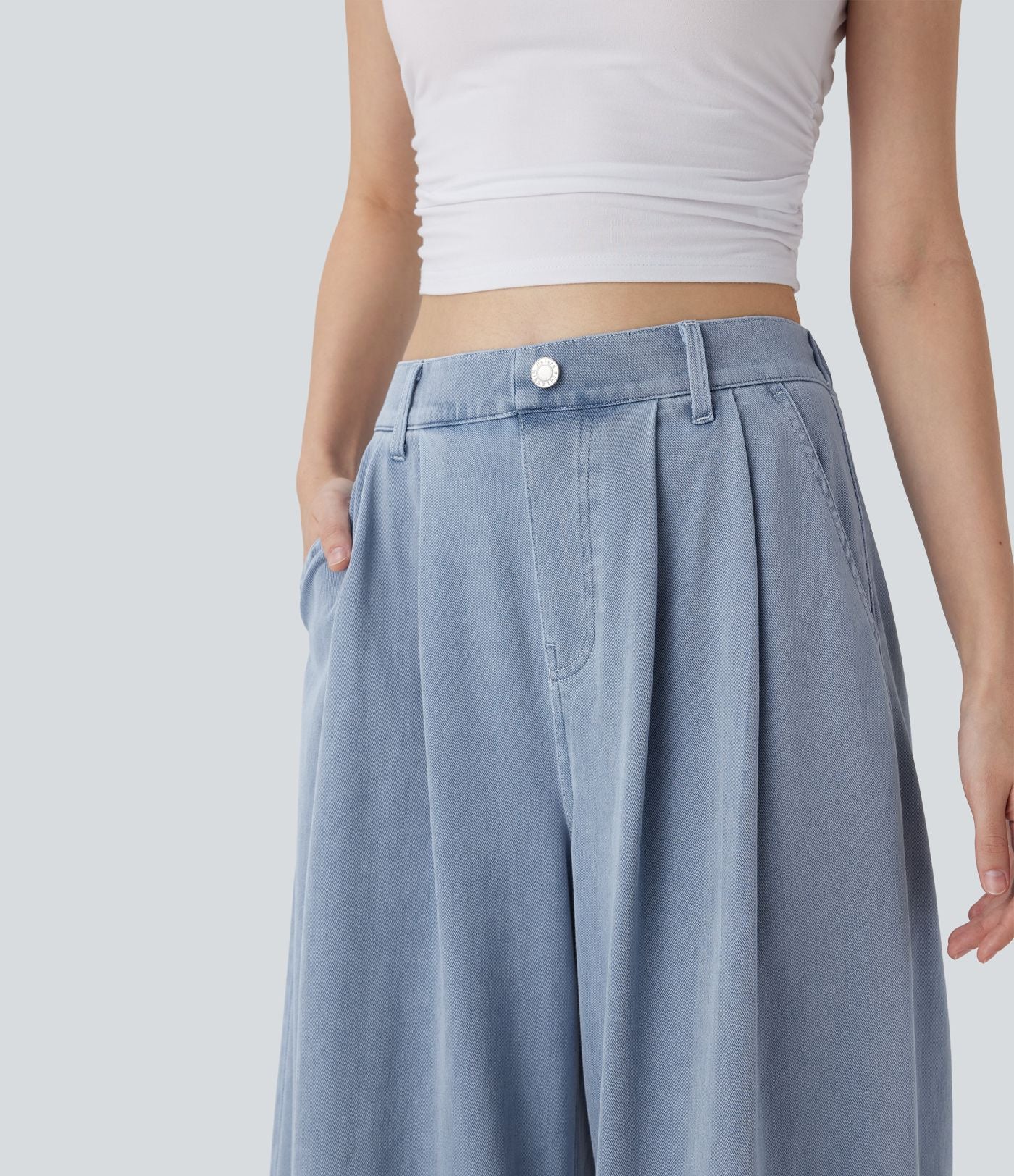 Jean palazzo ample et fluide Halara Flex™ Cool Touch en denim extensible tricoté à taille haute, séchage rapide et multiples poches