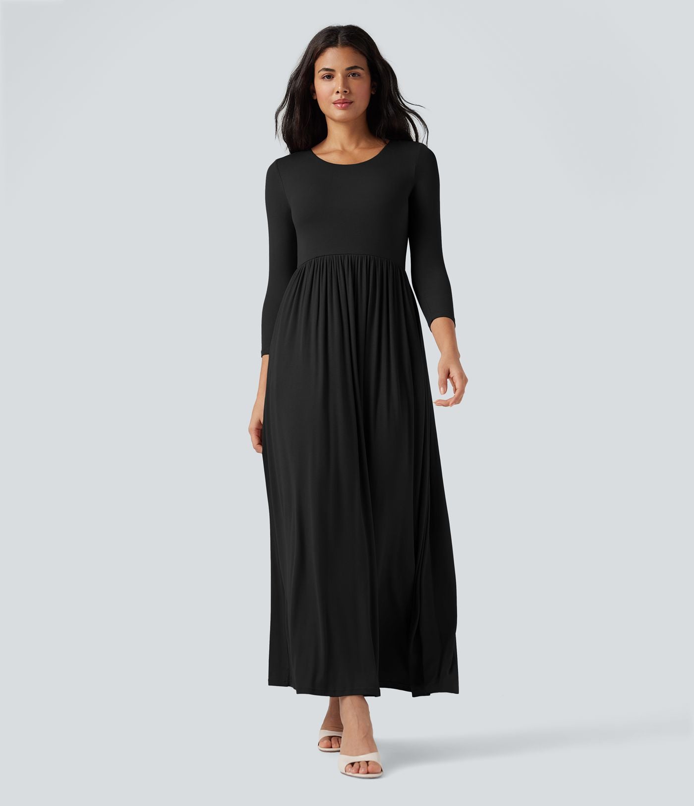 Robe longue fluide décontractée maille côtelée col rond manches 3/4 avec poches