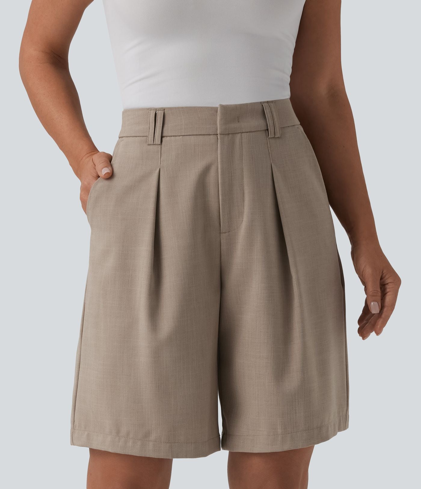 Bermuda tailleur taille haute aspect lin avec poches
