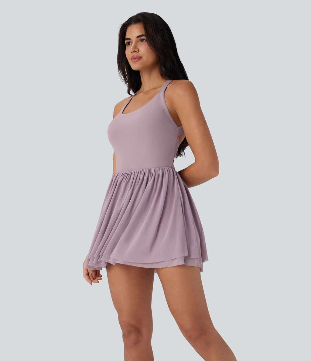 Robe de danse courte 2-en-1 dos nu torsadée résille avec poche latérale