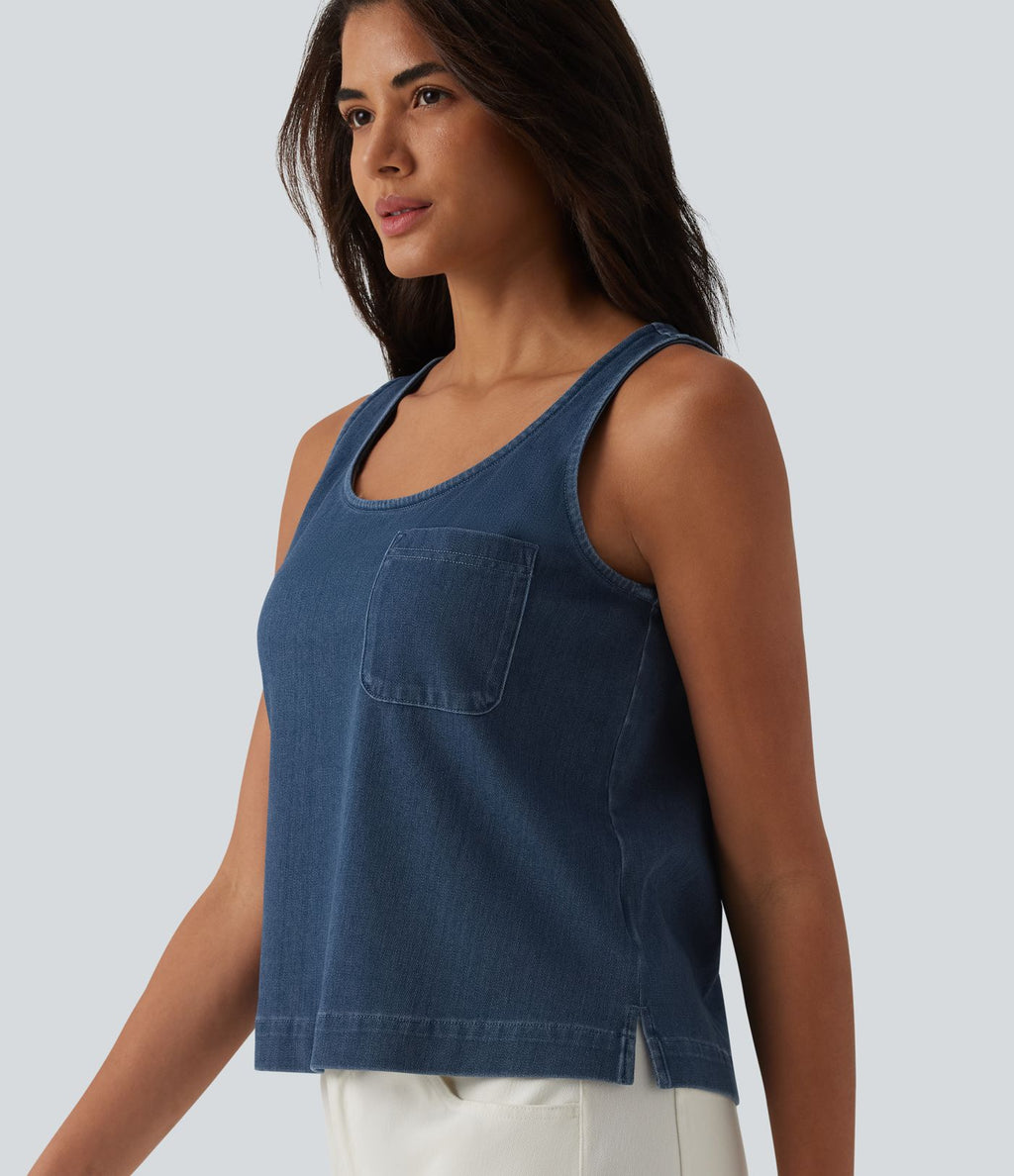 Débardeur décontracté en denim à col rond Halara Flex™ avec poche