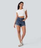 Short décontracté en jean extensible délavé Halara Flex™ taille moyenne avec revers et poches avant