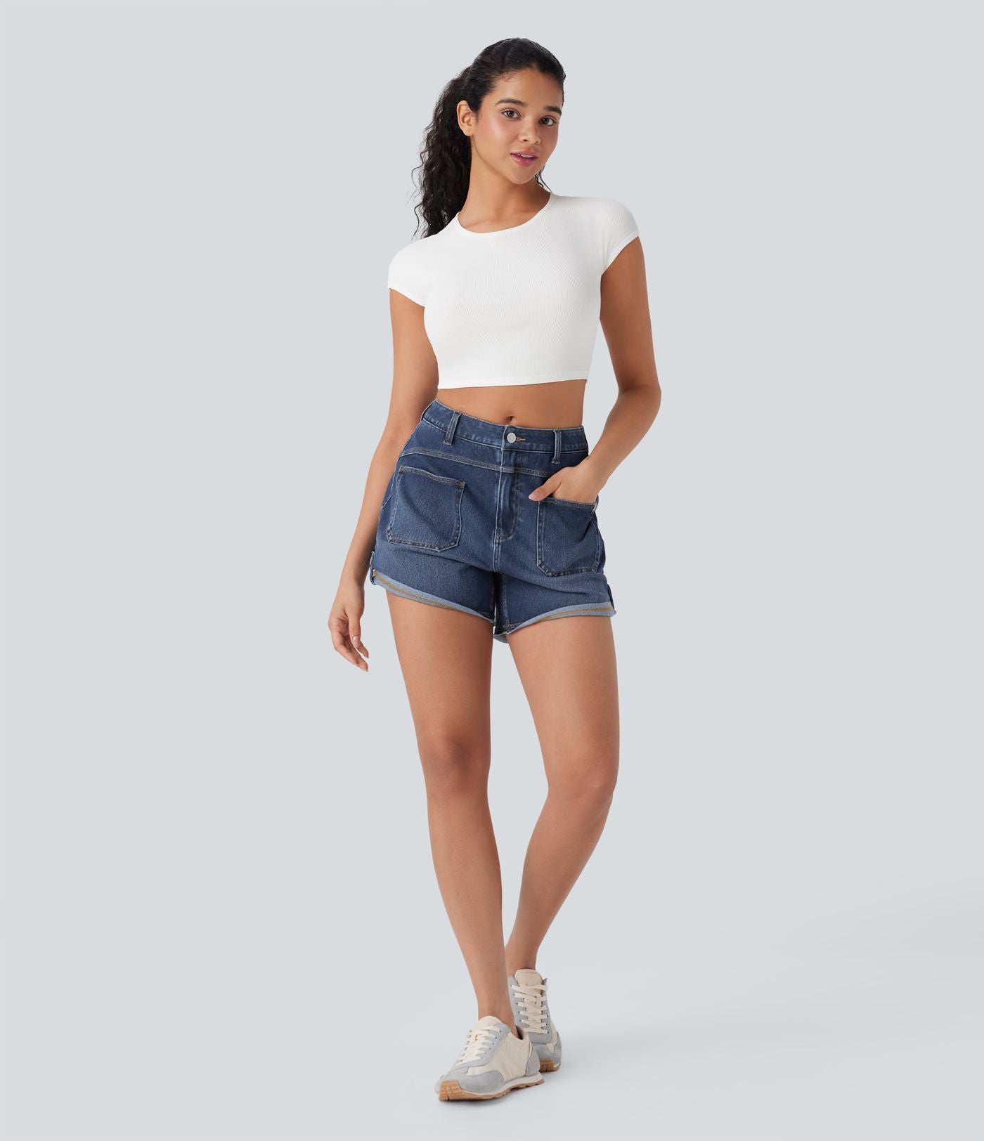 Short décontracté en jean extensible délavé Halara Flex™ taille moyenne avec revers et poches avant