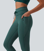 Legging corsaire de yoga taille haute à rayures avec cordon de serrage et poches