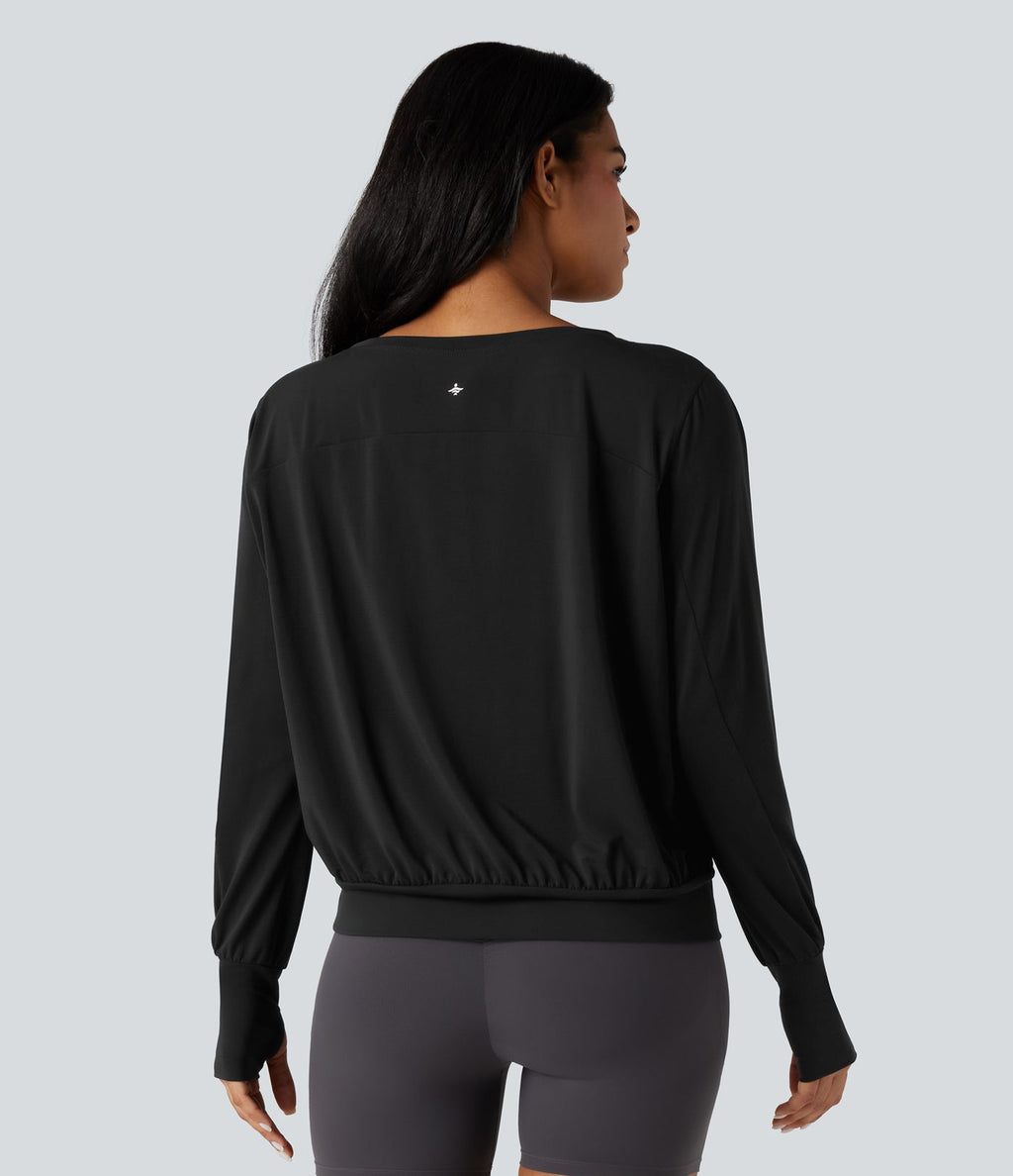 Top de sport yoga col échancré manches longues avec trous pouces