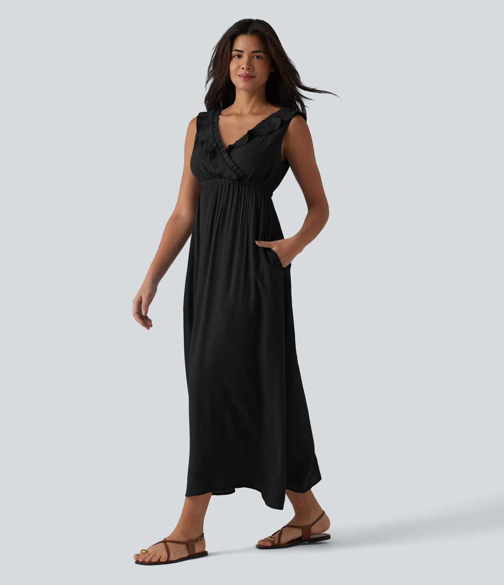 Robe fluide midi vacances col V sans manches dos nu à nouer volants avec poches