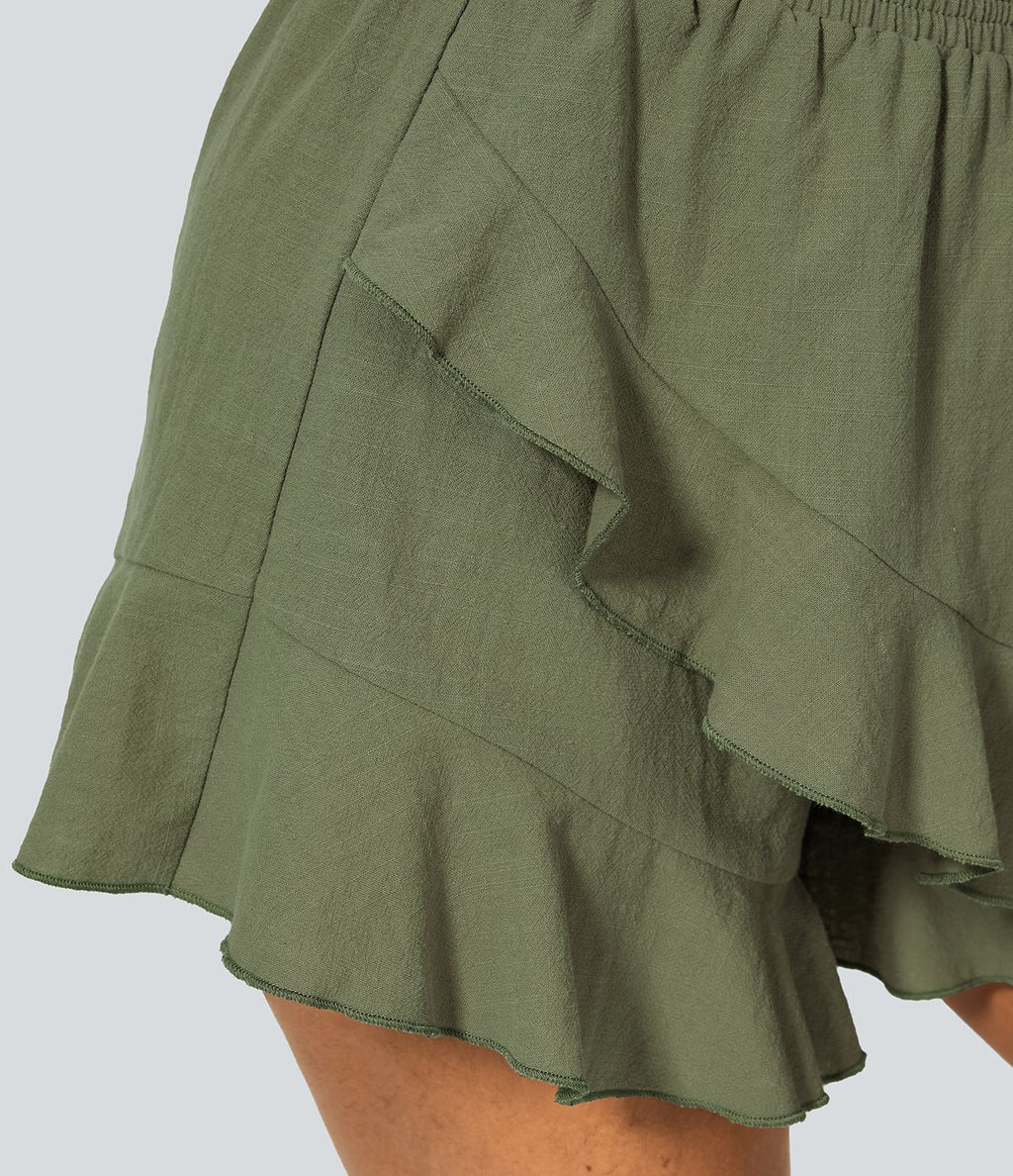 Short Évasés Casual à Taille Haute avec Volants Frisés et Effet Lin