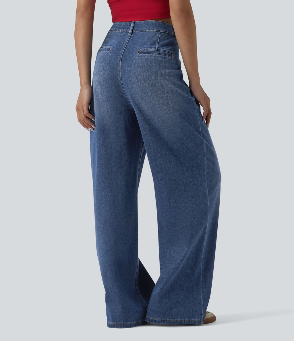 Halara Flex™ Jean large décontracté asymétrique taille haute délavé avec poches