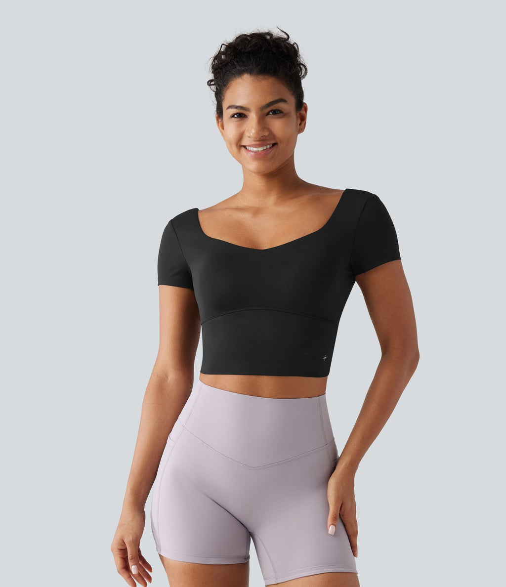 Haut yoga crop SoftlyZero™ séchage rapide Quick Dry à col diamant, manches courtes, mesh et coussinets amovibles