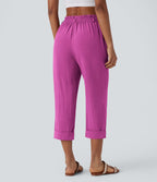 Pantalon capri effet lin taille haute avec poches zippées