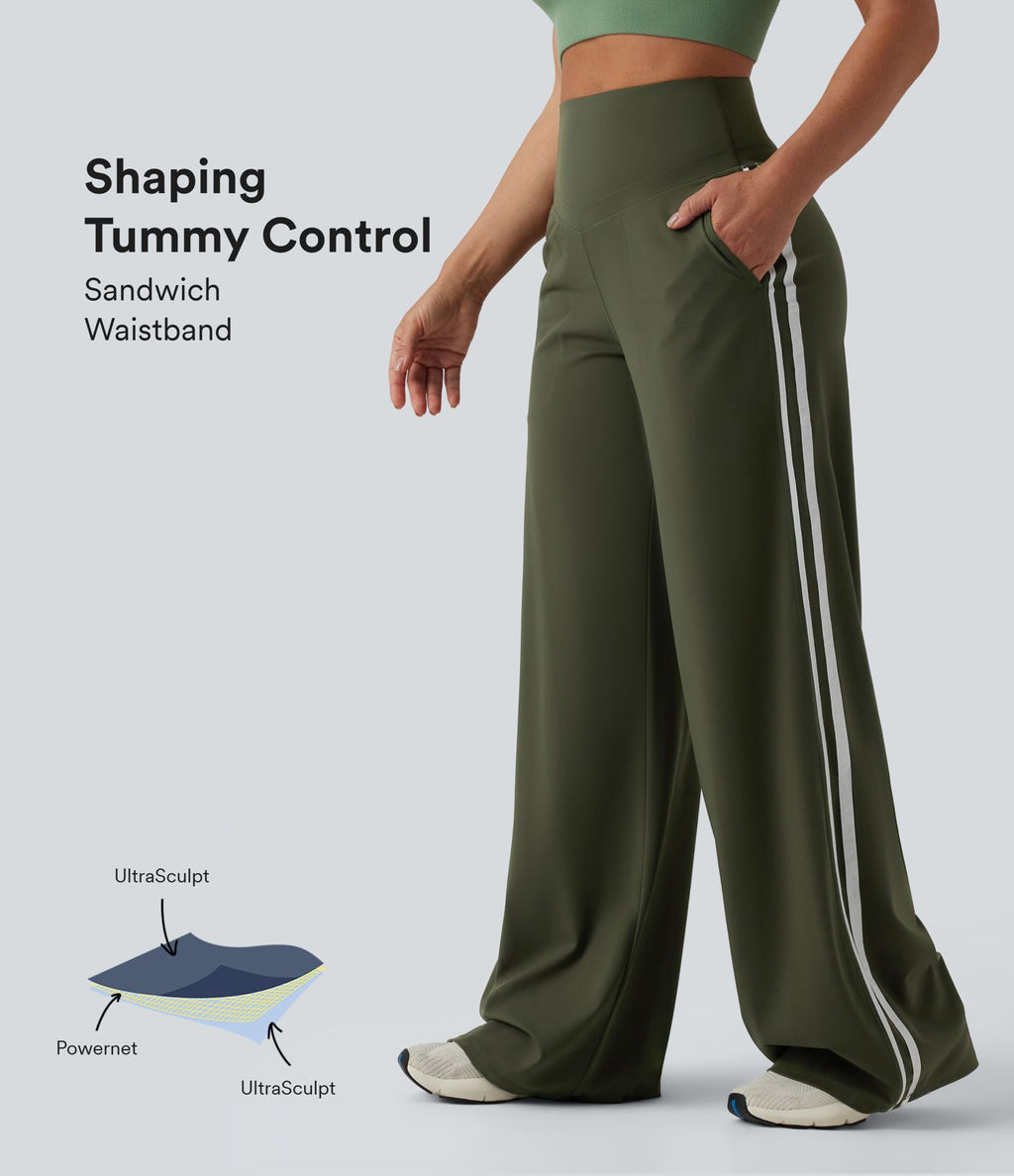 Pantalon ample yoga Halara UltraSculpt™ taille haute gainant à rayures color block avec poches