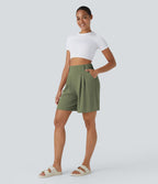 Bermuda Large Fluide Taille Haute avec Plis et Poches Latérales en Lin Synthétique